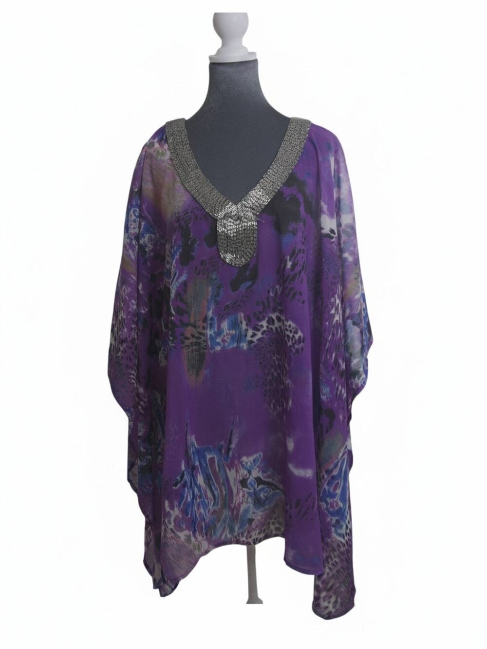 Joan Boyce Purple Animal Print Caftan Tunic OS Beaded Lagenlook Artwear